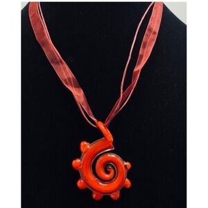 HANDMADE TEARDROP ART GLASS PENDANT NECKLACE TWIST RED GREEN